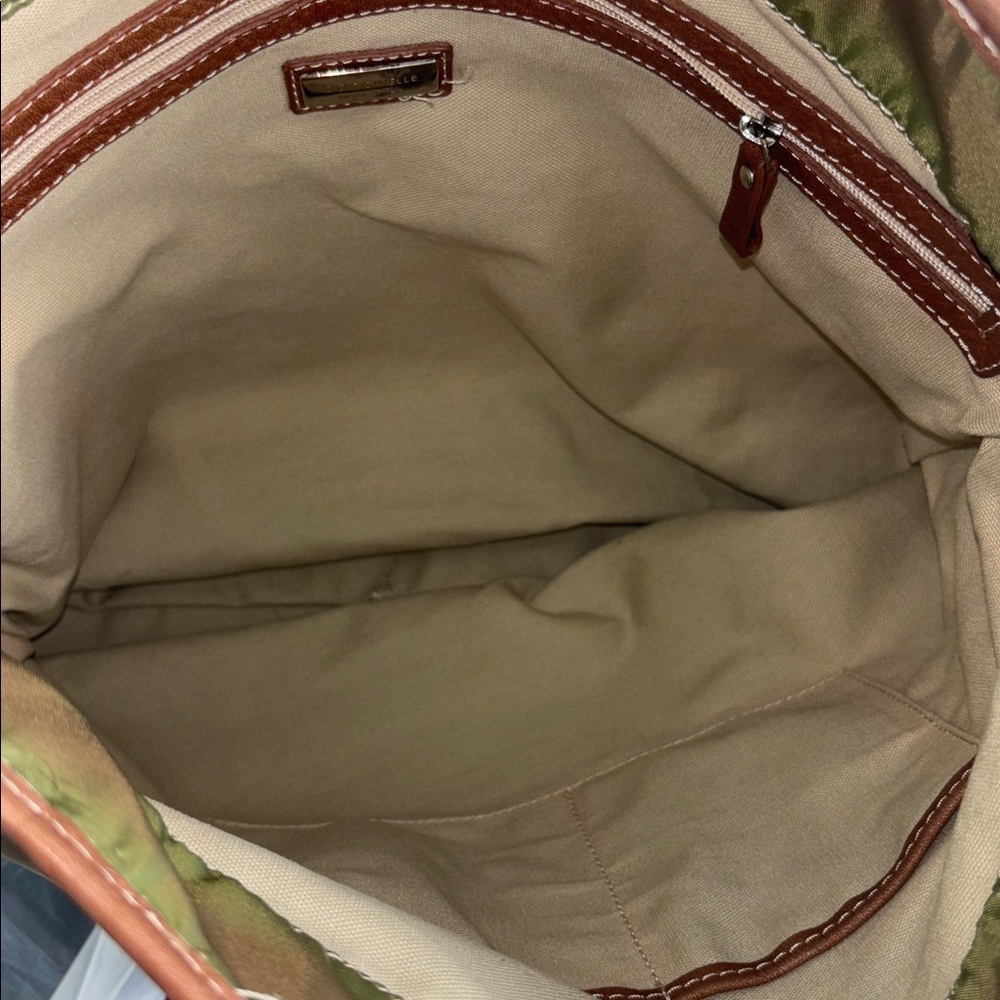 COCCINELLE BRAND MADE IN ITALY OLIVE GREEN AND BROWN SATIN LIKE CANVAS TOTE BAG - Picture 7 of 12